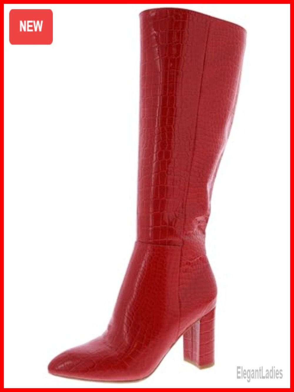 Faux Leather Knee High Block Heel Dress Boots Almond Toe Inside Zip
